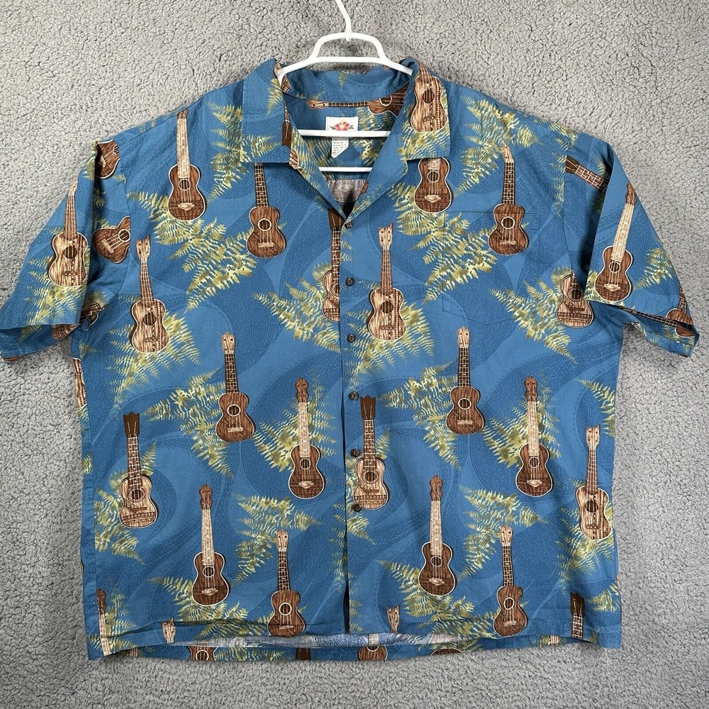 M D Fashion Hawaiian Shirt Palm Trees and Guitar Print Made in Hawaii Size‎ 4XL